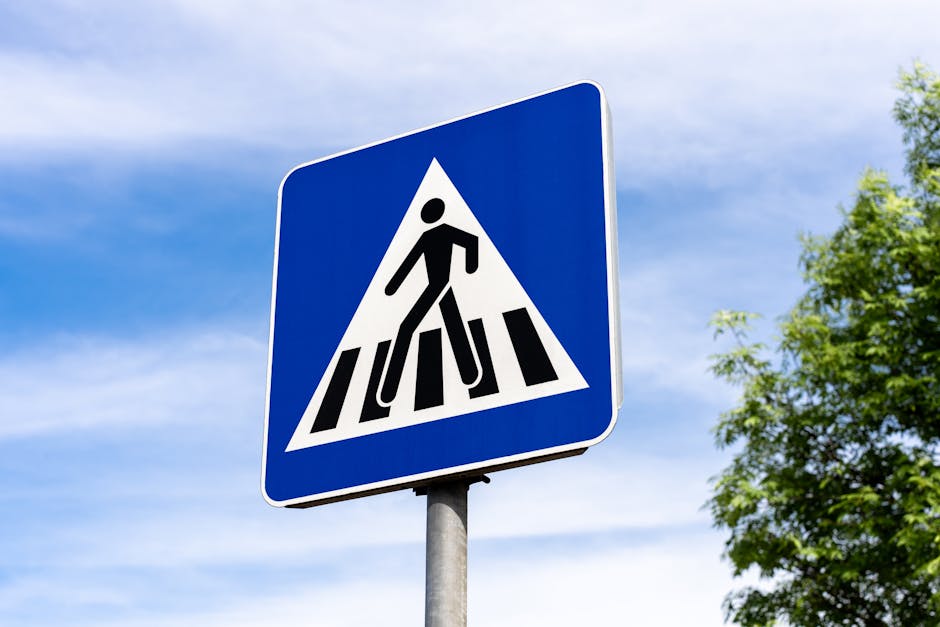 A road sign indicating a pedestrian crossing, set against a clear blue sky with clouds and a tree in view.